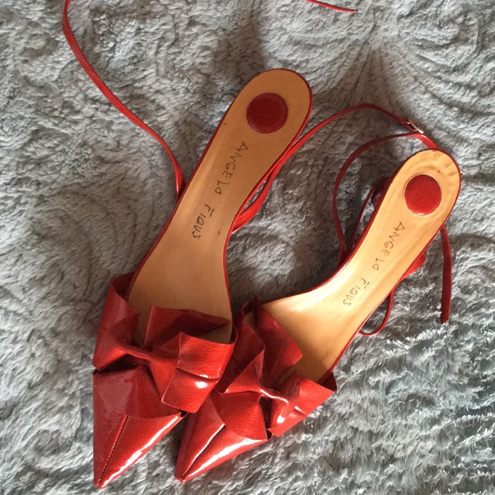 Red patent shoes with wrap around ankle straps
